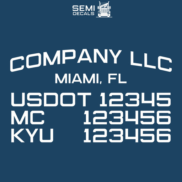 company name, location, usdot, mc & kyu decal sticker
