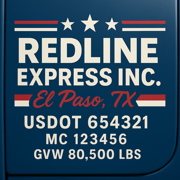 Custom Designed Semi-Truck, Work Truck, Hot Shot, Truck Door Decal Sticker Lettering | Includes Company/Business Name, City, State, USDOT, MC, GVW, CA, KYU Regulation Numbers