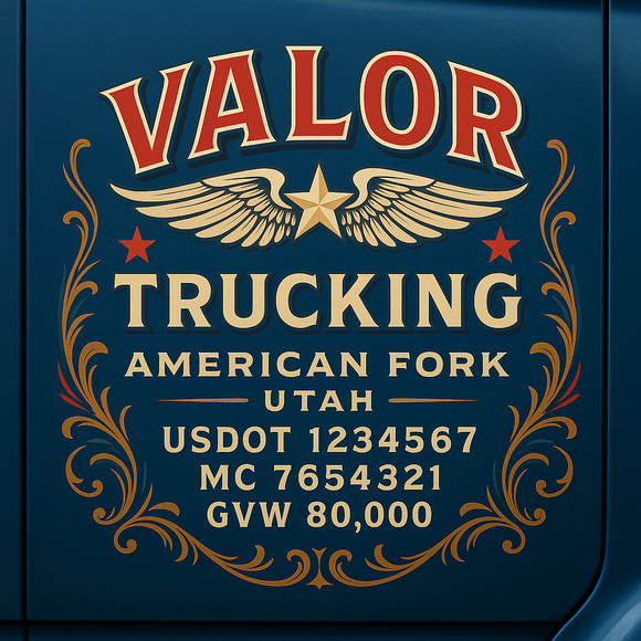 Custom Designed Semi-Truck, Work Truck, Hot Shot, Truck Door Decal Sticker Lettering | Includes Company/Business Name, City, State, USDOT, MC, GVW, CA, KYU Regulation Numbers