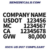 company name, usdot, mc, ca, gvw truck decal sticker justified