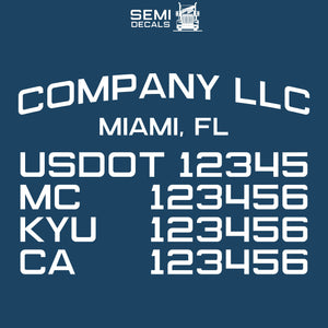 company name, location, usdot, mc, kyu & ca number decal sticker