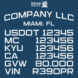 company name, location, usdot, mc, kyu, ca, gvw & vin decal sticker