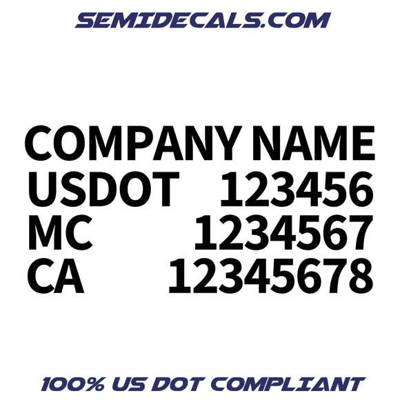 company name, usdot, mc, ca numbers decal sticker justified