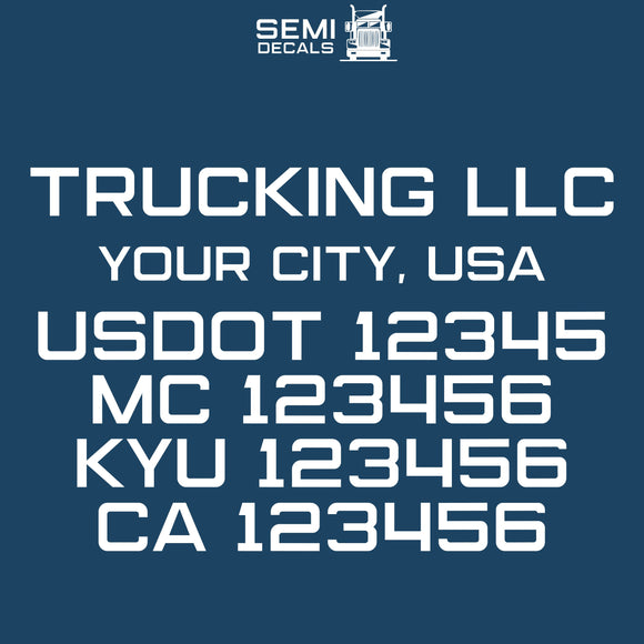 trucking company, location, usdot, mc, kyu & ca number decal sticker