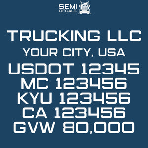 trucking company name, location, usdot, mc, kyu, ca & gvw decal sticker