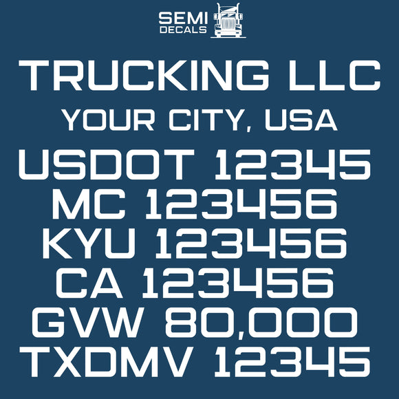 trucking company name, your city, usdot, mc, kyu, ca, gvw & txdmv number decal sticker