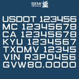usdot, mc, ca, kyu, txdmv, vin & gvw number decal sticker lettering