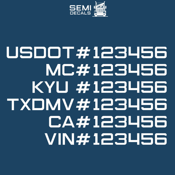 usdot, mc, kyu, txdmv, ca & vin number decal sticker