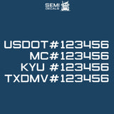 centered usdot, mc, kyu & txdmv decal sticker